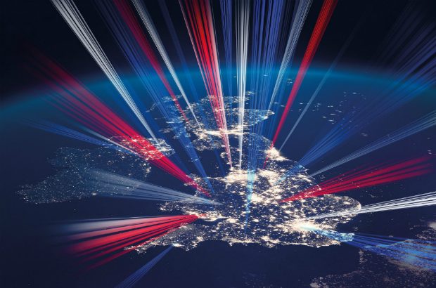 Illustration of the UK at night with red, white and blue lasers shooting into space (detail of the Industrial Strategy front cover).