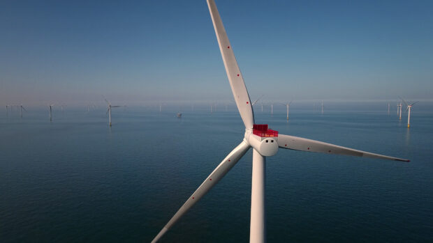 Close up of a turbine at an offshore wind farm