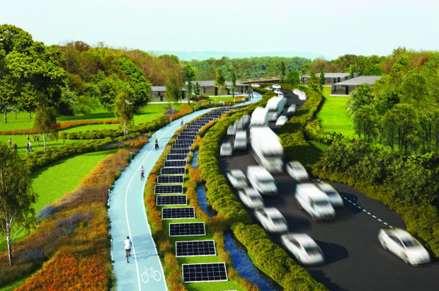 Artists impression of next generation motorway with space freed up by autonomous vehicles used for bike lanes